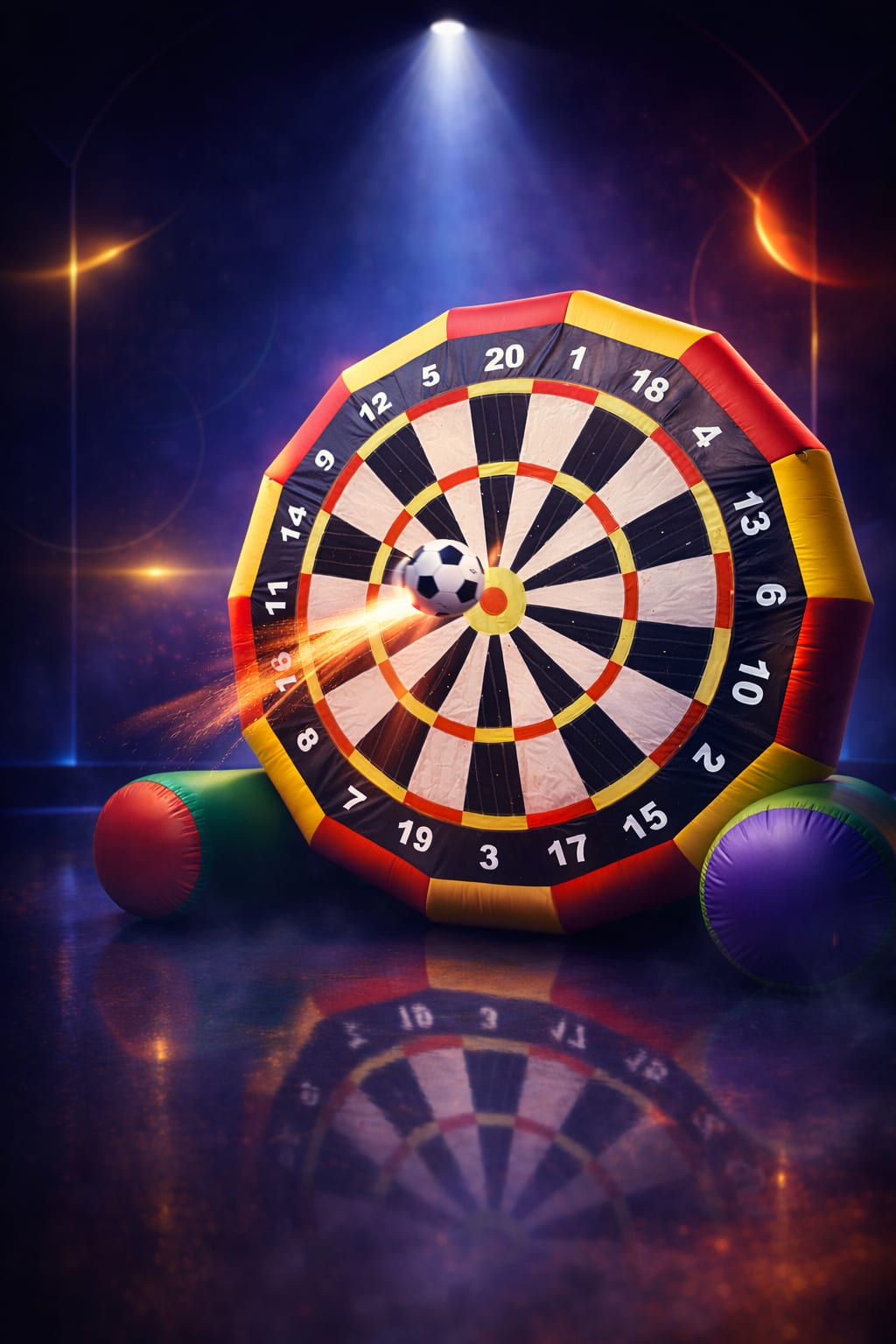 Fußball Dart in Action: Klettball trifft die große Zielscheibe, atmosphärische Bühnenbeleuchtung
