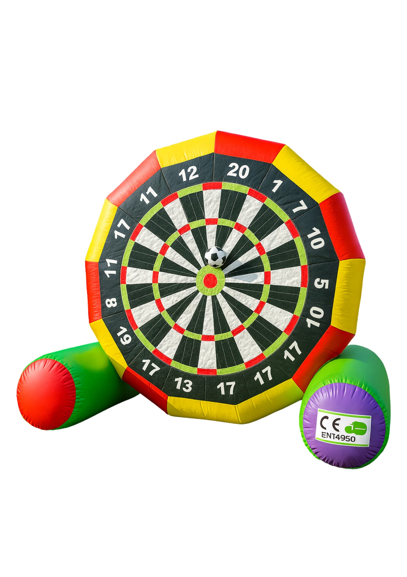 Aufblasbare Fußball-Dart-Wand mit großer Zielscheibe, an der Klett-Fußbälle haften – Eventmodul von Spielearena
