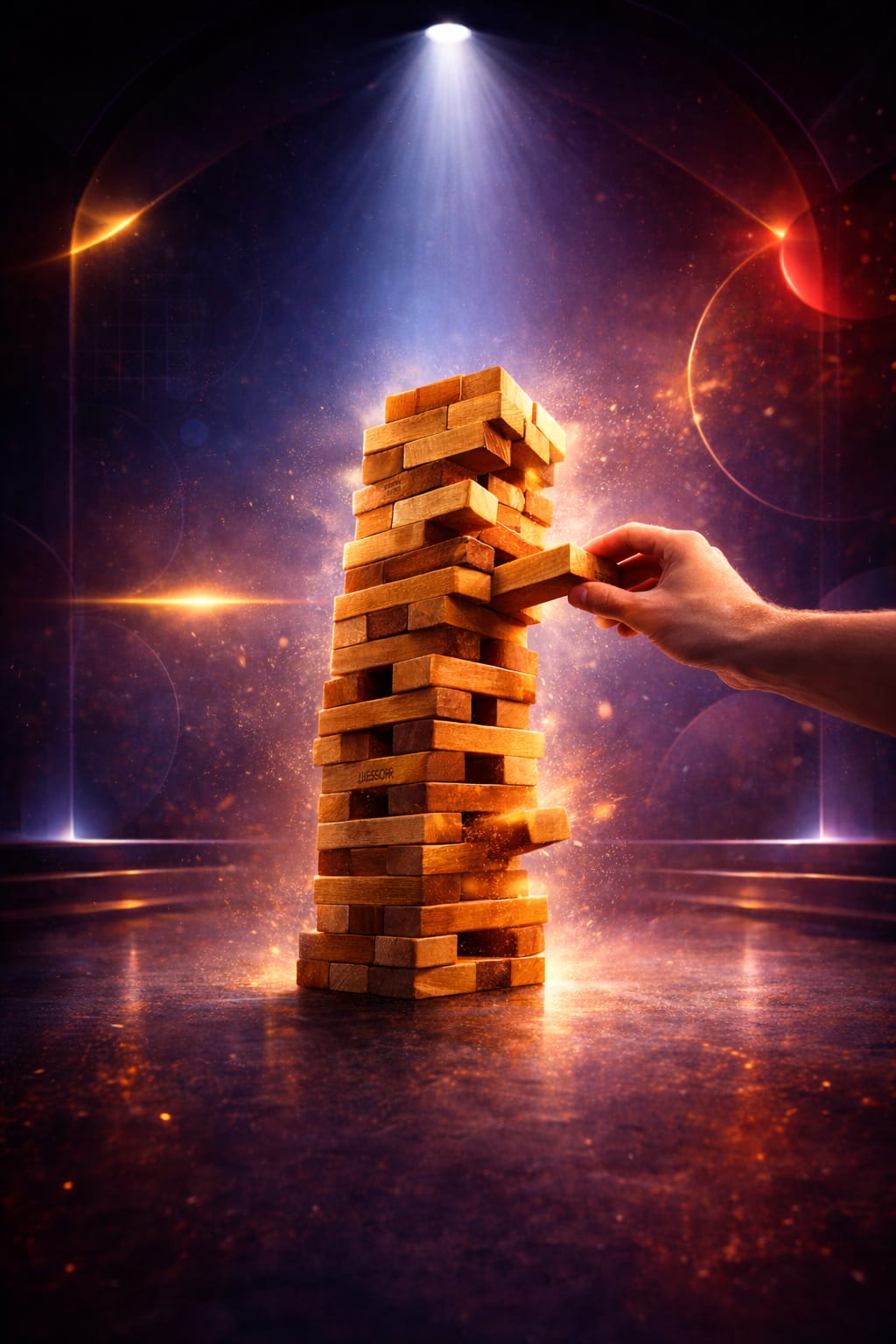 Spannungsmoment beim XXL-Jenga: Hand zieht einen Holzklotz, dramatisch beleuchtet