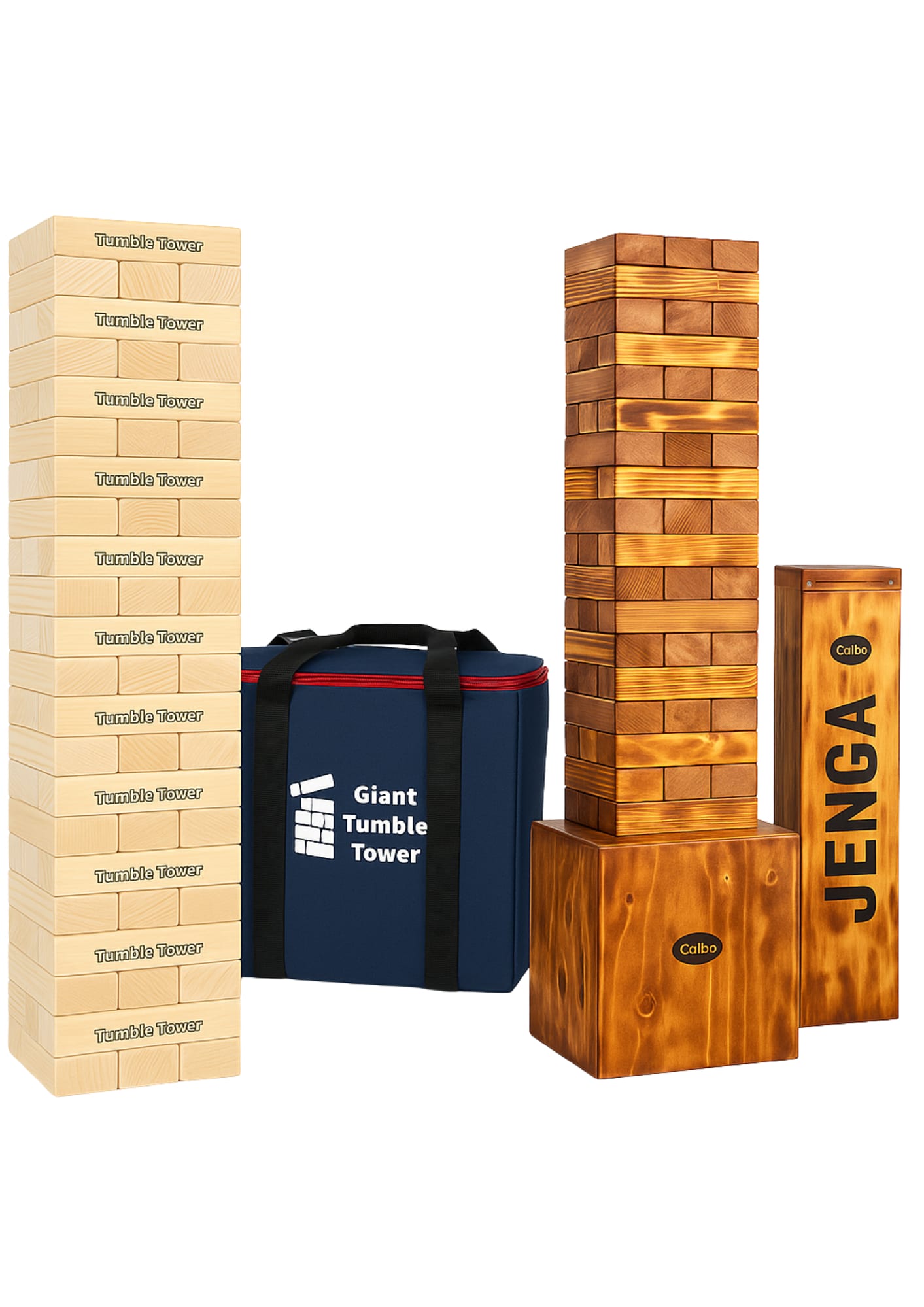 XXL-Jenga-Stapelturm aus großen Holzklötzen, fast einen Meter hoch, freistehend auf Eventfläche